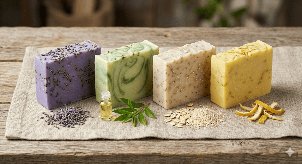 Herbal botanical soap bars with natural ingredients — tea tree lavender oatmeal for skin