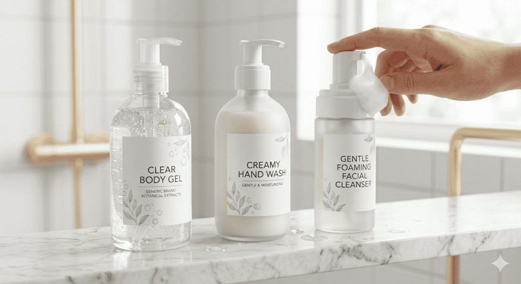 Dermatologist-recommended liquid body wash and hand wash bottles for sensitive and eczema skin