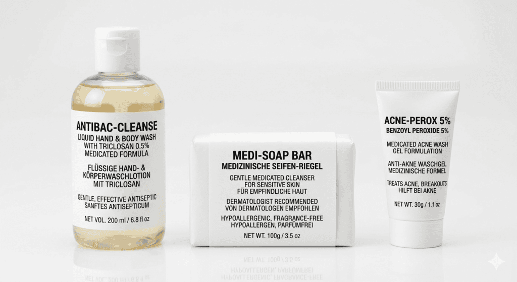Medicated antibacterial soap products — chlorhexidine benzoyl peroxide clinical skincare