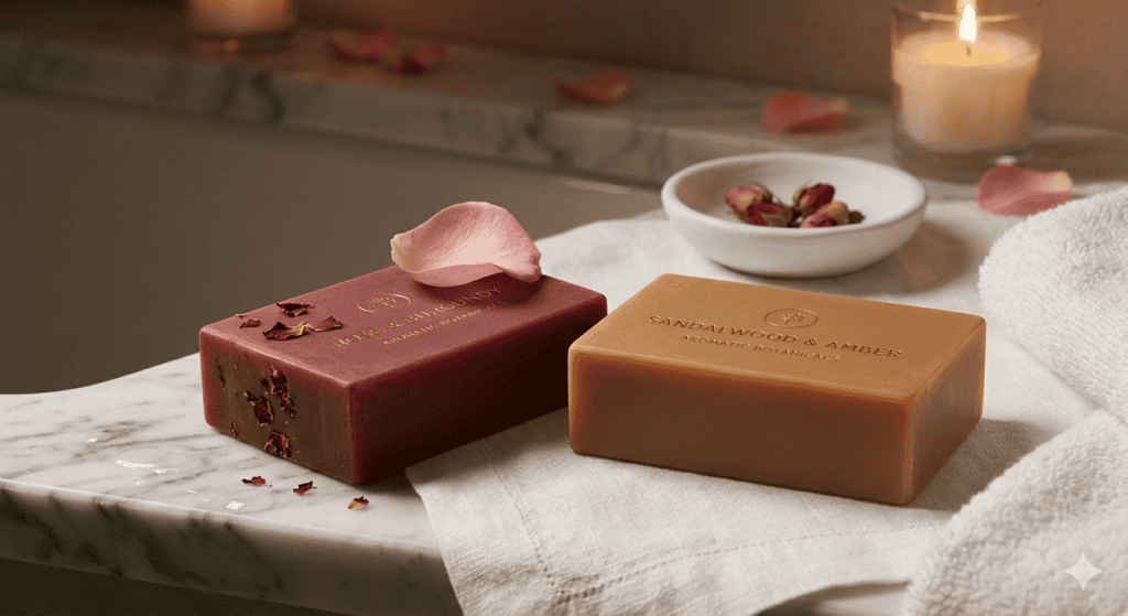 Luxury perfumed aromatic soap bars for spa and normal skin — scented rose and sandalwood