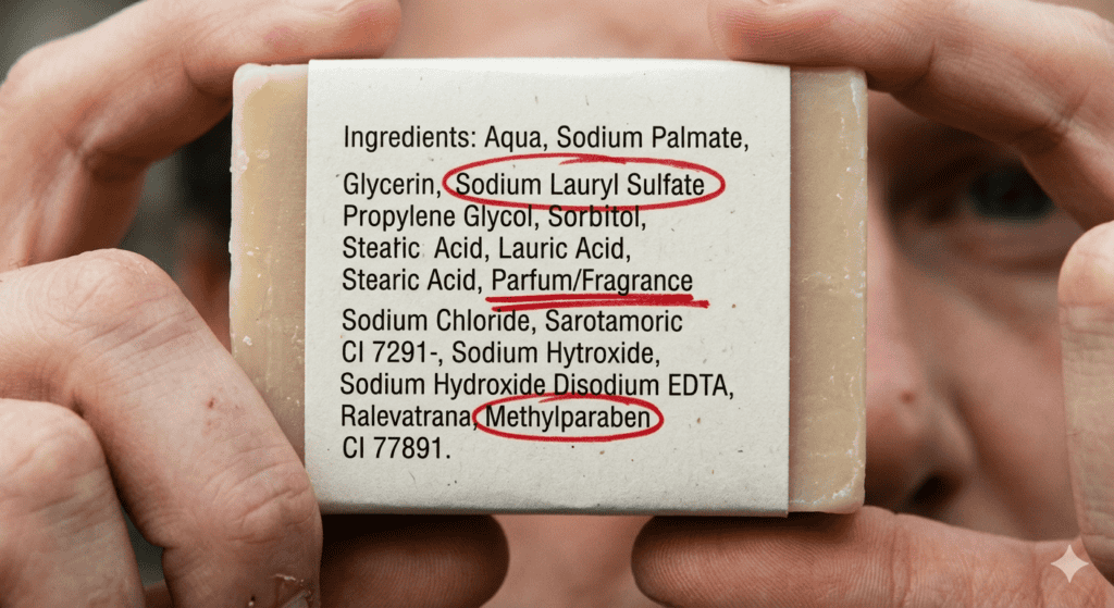 Soap ingredient label with harmful ingredients highlighted — SLS fragrance paraben check