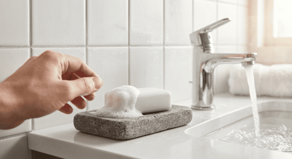 Daily use toilet soap bar for personal hygiene — Dove sensitive skin bar soap on bathroom sink