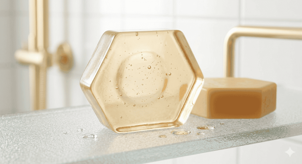 Transparent clear soap bar for oily and acne-prone skin — glassy see-through soap on glass surface