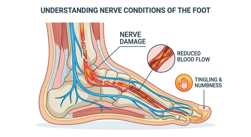Diagram showing diabetic peripheral neuropathy affecting feet and lower legs with nerve damage caused by high blood suga