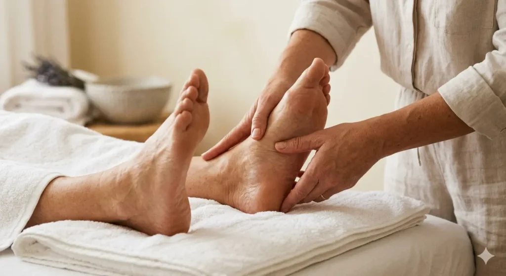 Foot massage improving blood circulation in diabetic neuropathy patient showing therapeutic shiatsu massage technique on bare feet