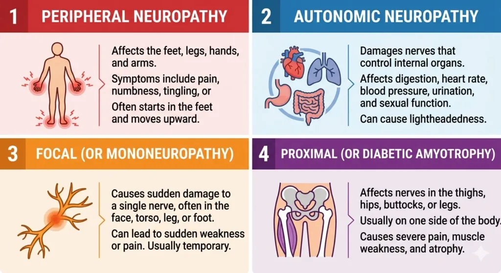 "Infographic showing four types of diabetic neuropathy: peripheral, autonomic, focal, and proximal neuropathy with symptoms