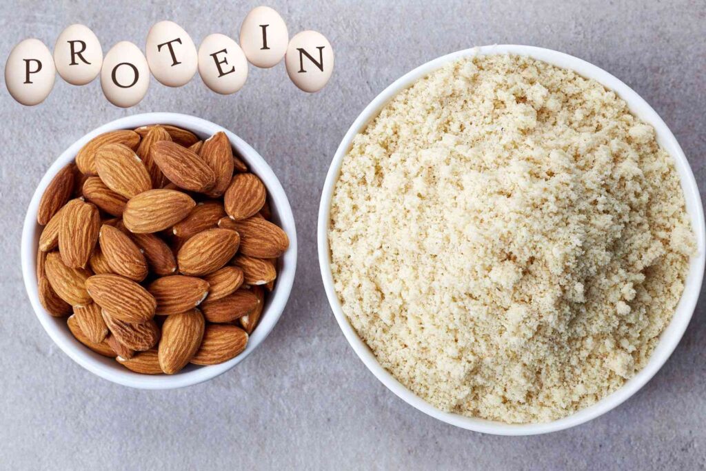 Almond, protein and dietry fibers concept