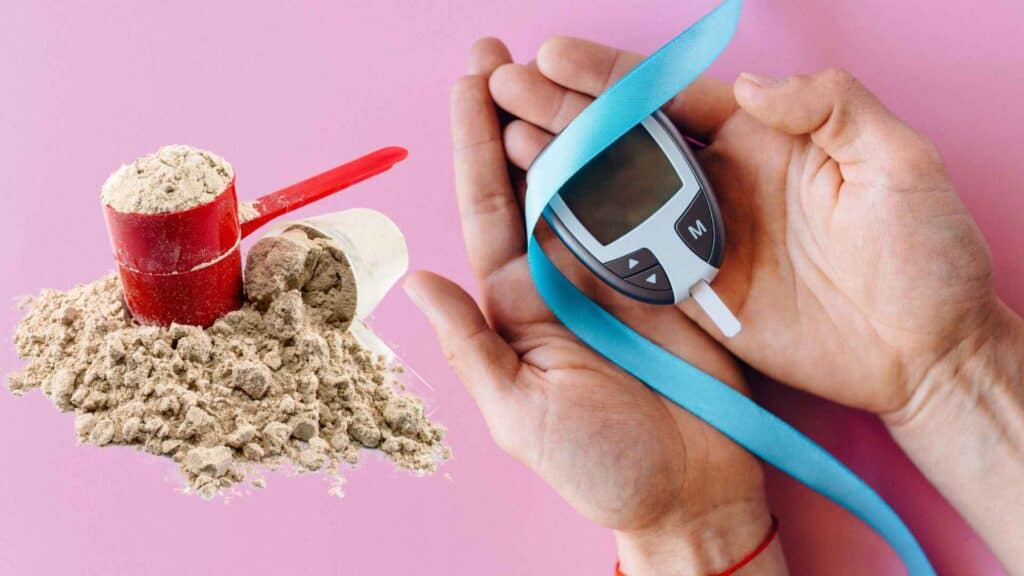 Glucose monitor in hands and protein powder at side