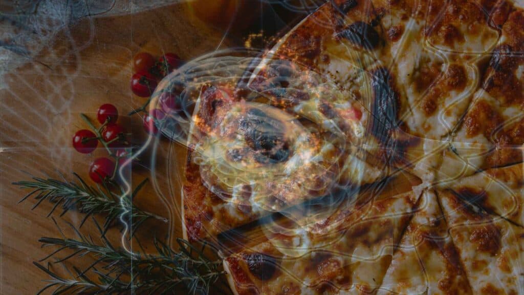 Pizza with an image overlay of mind (computer generated)