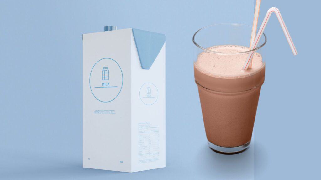 milk pack with chocolate milk glass