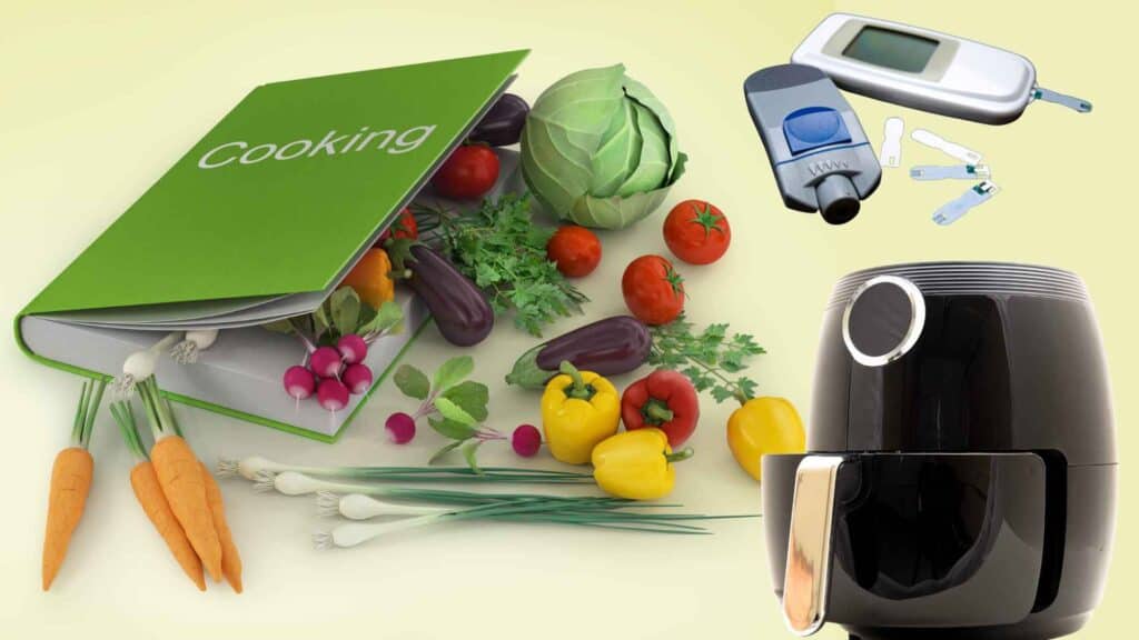 cookbook with air fryer and glucometer and strips