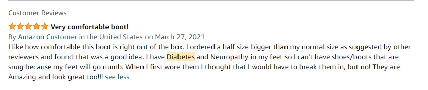 A diabetic buyer review about boots