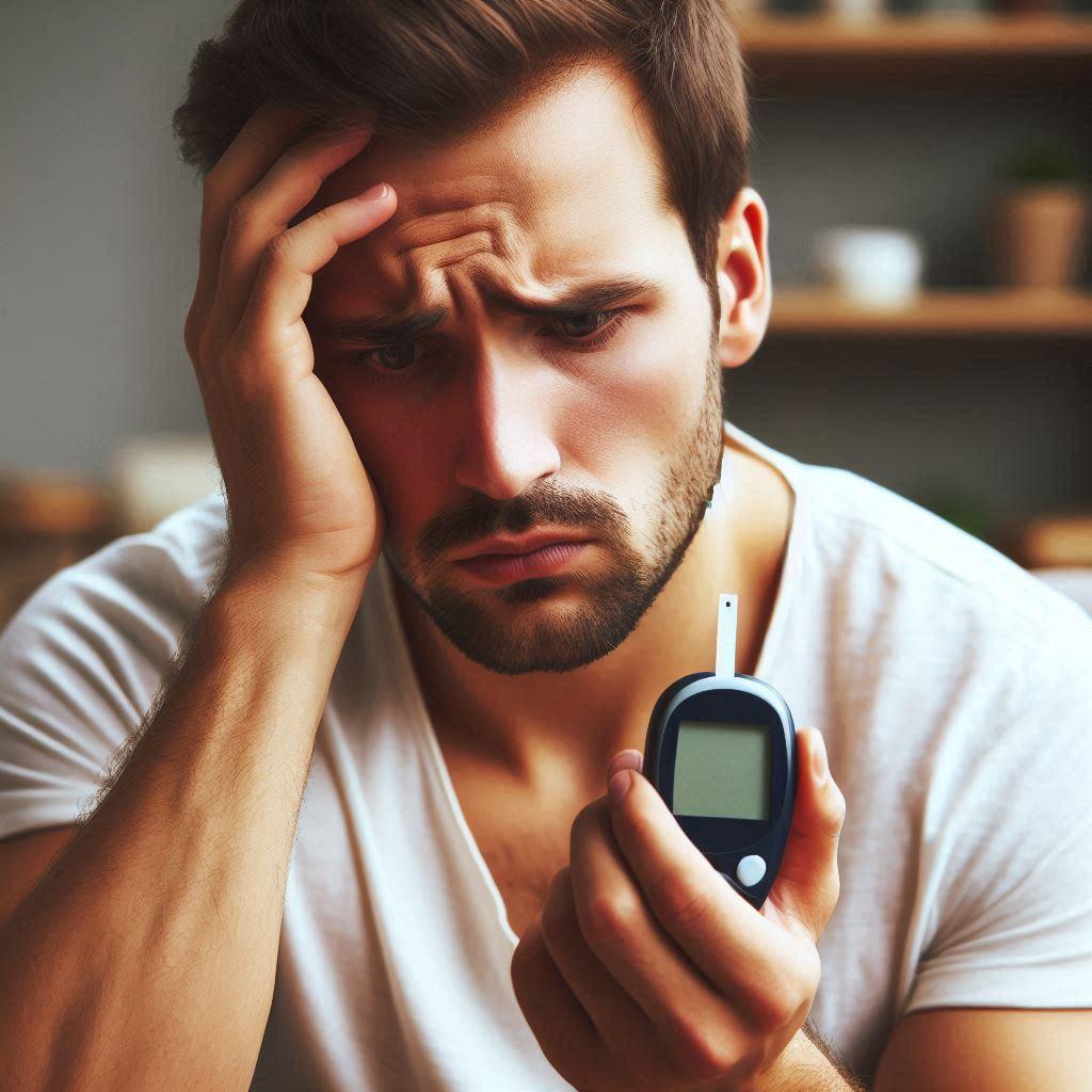 A worried diabetic man with glucose meter in hand