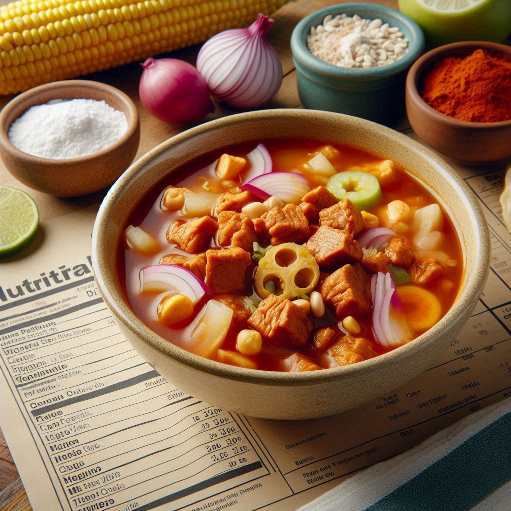 A bowl of menudo with nutritional detail paper