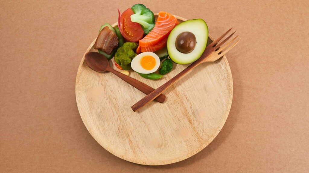 A wooden plate with breakfast idea food