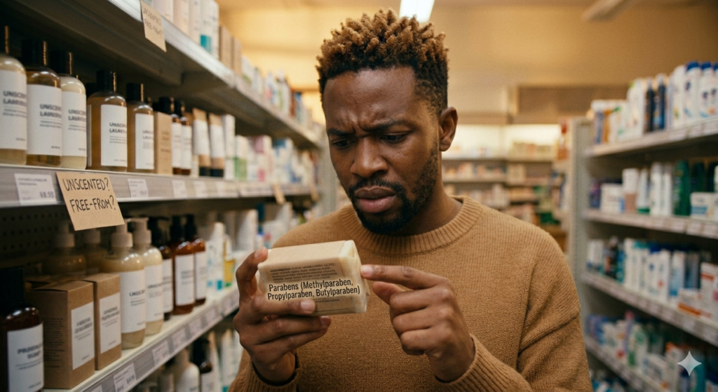 A man looking worried on soap ingriedien i.e Parabens (Methylparaben, Propylparaben, Butylparaben)