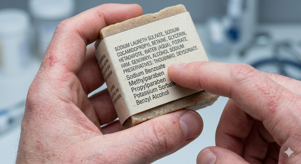 A erson with soap reading ingredients on it