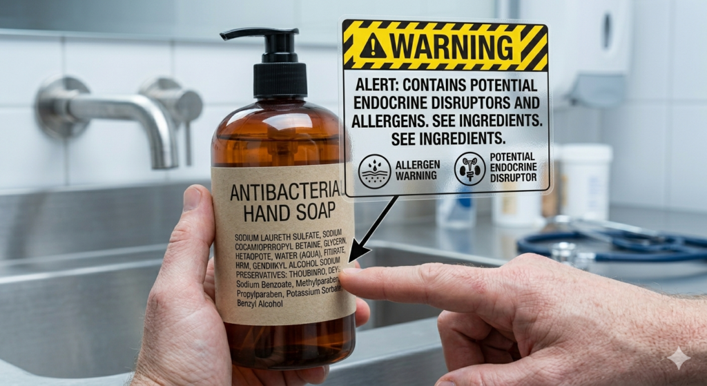 A soap bottle with warning sign about some ingredients
