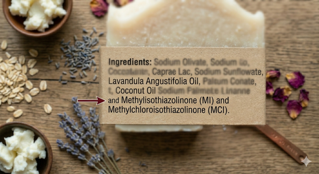 A soap bar with ingredient list and its plant extract roots
