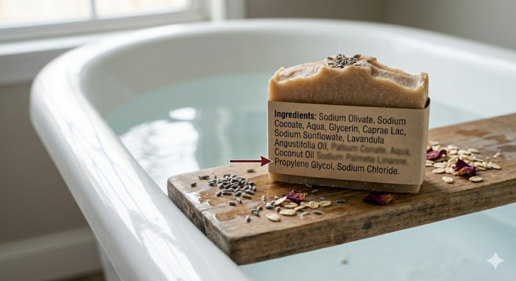 A soap on bathtub with arrow pointing to "Propylene Glycol"