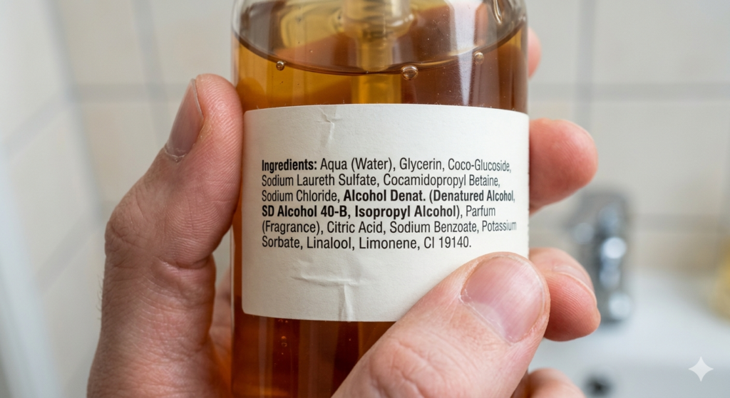 A shampoo with ingredients "8. Denatured Alcohol (Alcohol Denat., SD Alcohol, Isopropyl Alcohol)" as bold
