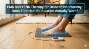 "EMS TENS foot stimulator device for diabetic neuropathy showing electrical pulse therapy mat with electrode pads for nerve pain relief