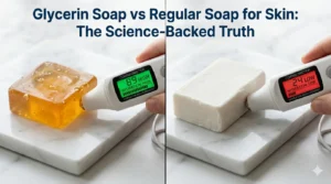 Split comparison of glycerin soap bar and regular soap bar with skin moisture measurement results showing glycerin soap maintaining better skin hydration