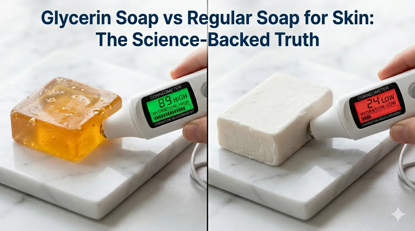 Split comparison of glycerin soap bar and regular soap bar with skin moisture measurement results showing glycerin soap maintaining better skin hydration