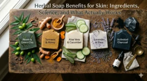 ollection of herbal soap bars surrounded by botanical ingredients including neem leaves, turmeric, aloe vera, tea tree, and lavender on a natural wooden surface
