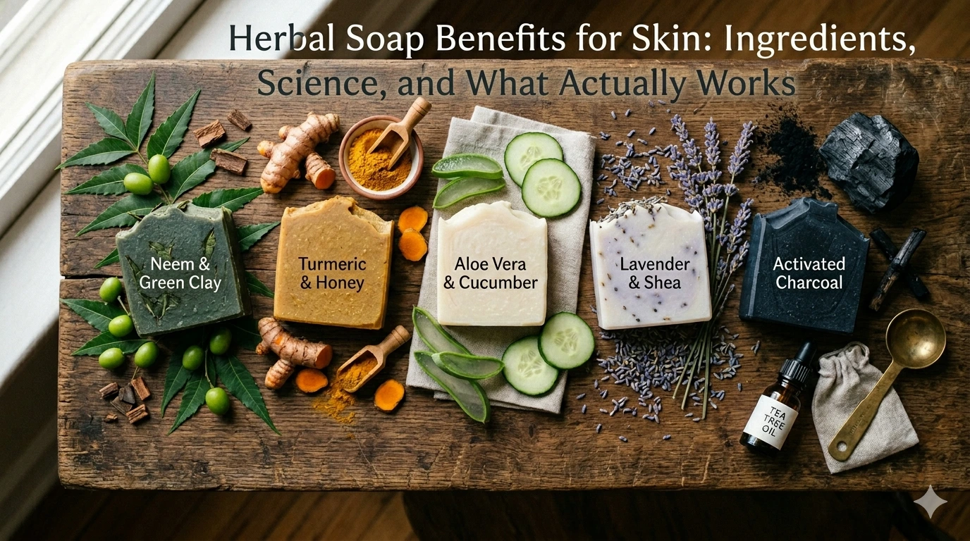 ollection of herbal soap bars surrounded by botanical ingredients including neem leaves, turmeric, aloe vera, tea tree, and lavender on a natural wooden surface