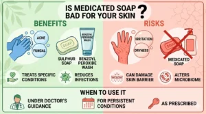 A split-panel infographic comparing the benefits (treating acne, fungal infections) versus the risks (dryness, irritation, barrier damage) of medicated soaps.