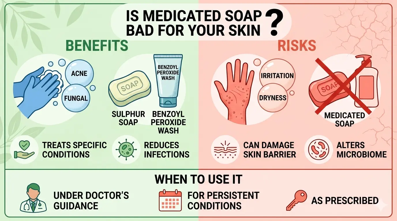 A split-panel infographic comparing the benefits (treating acne, fungal infections) versus the risks (dryness, irritation, barrier damage) of medicated soaps.