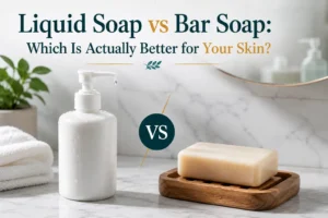 Side-by-side comparison of a liquid soap pump dispenser and a bar soap on a bathroom counter showing the debate between liquid and bar soap for skin health