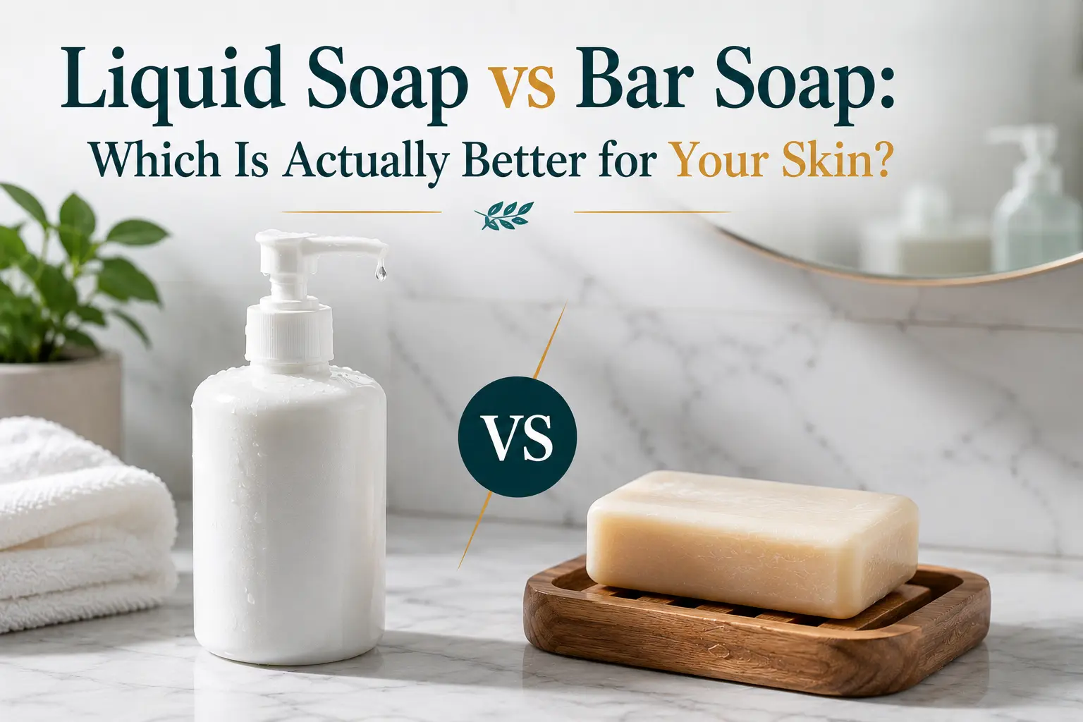 Side-by-side comparison of a liquid soap pump dispenser and a bar soap on a bathroom counter showing the debate between liquid and bar soap for skin health