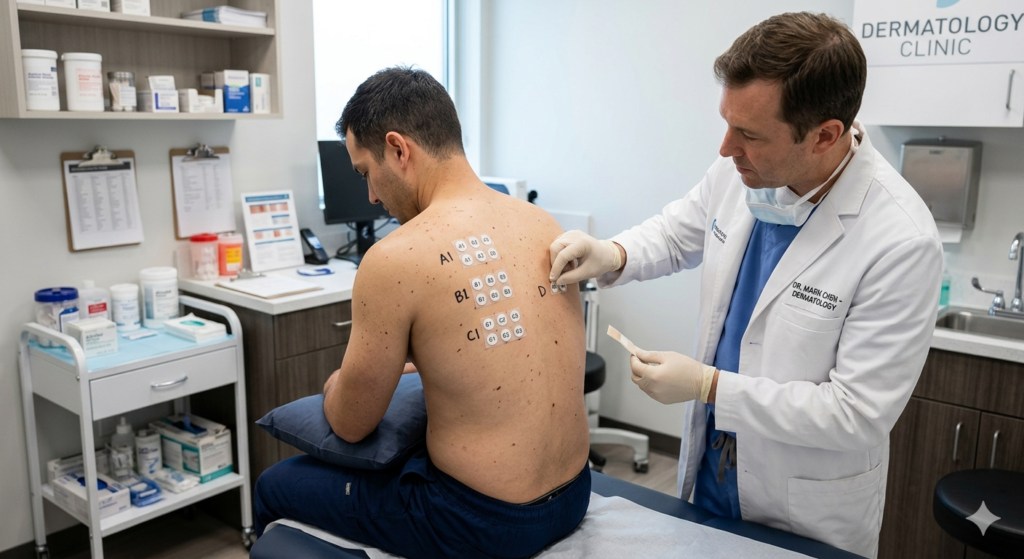 A dermatologiust conducting patch test on a patient
