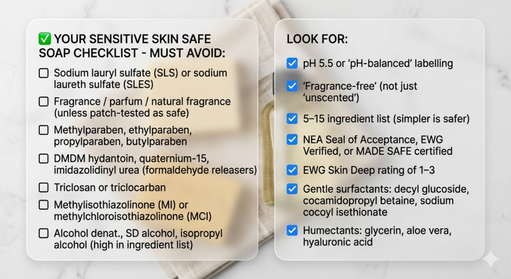 list of "Avoid" and "Look for" list for a soap