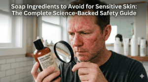 A man using magnifying glass to zoom soap ingredients
