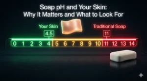Soap pH and skin acid mantle — pH scale showing soap alkalinity vs skin natural acidity