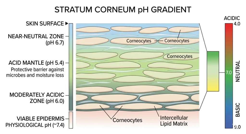 Medical diagram showing the skin's acid mantle pH gradient across the stratum corneum layers with pH values labeled