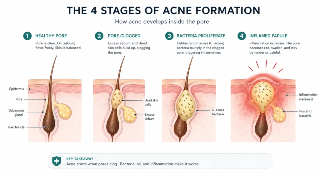 Medical diagram showing acne pathogenesis including sebum overproduction, Cutibacterium acnes bacteria in clogged pore, and inflammatory response 