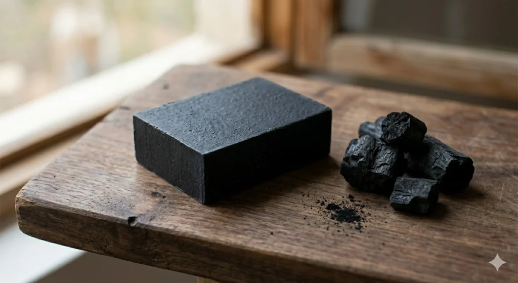 Black activated charcoal soap bar on a wooden surface showing pore-cleansing benefits for oily and acne-prone skin
