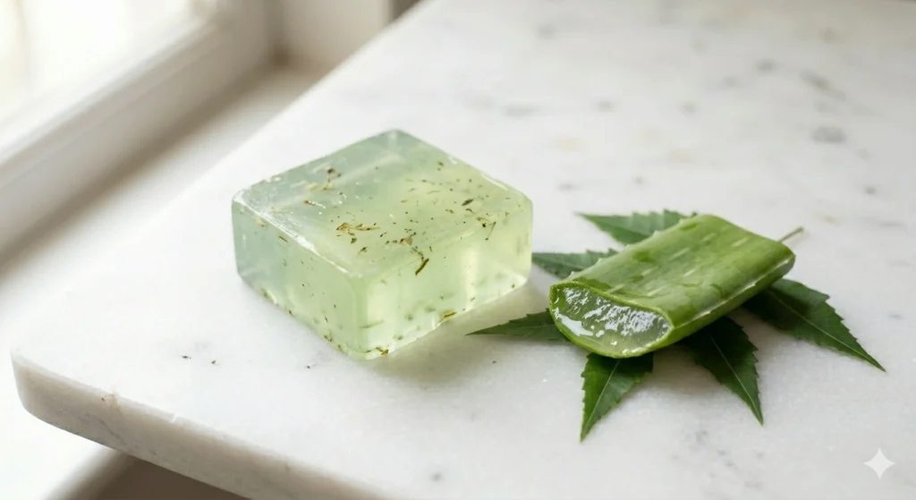 Fresh aloe vera plant leaf cut open showing gel beside a green aloe vera herbal soap bar for skin hydration and wound healing benefits