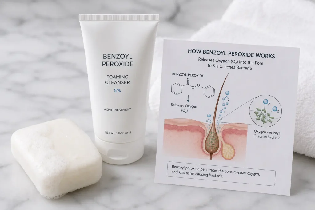 Benzoyl peroxide acne cleanser beside a diagram showing how it releases oxygen to kill Cutibacterium acnes bacteria in clogged pores