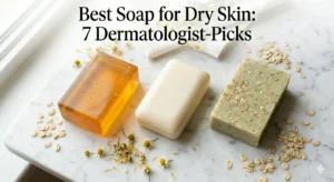 Best soap for dry skin — glycerin bar, syndet bar and oatmeal moisturizing soap on marble shelf