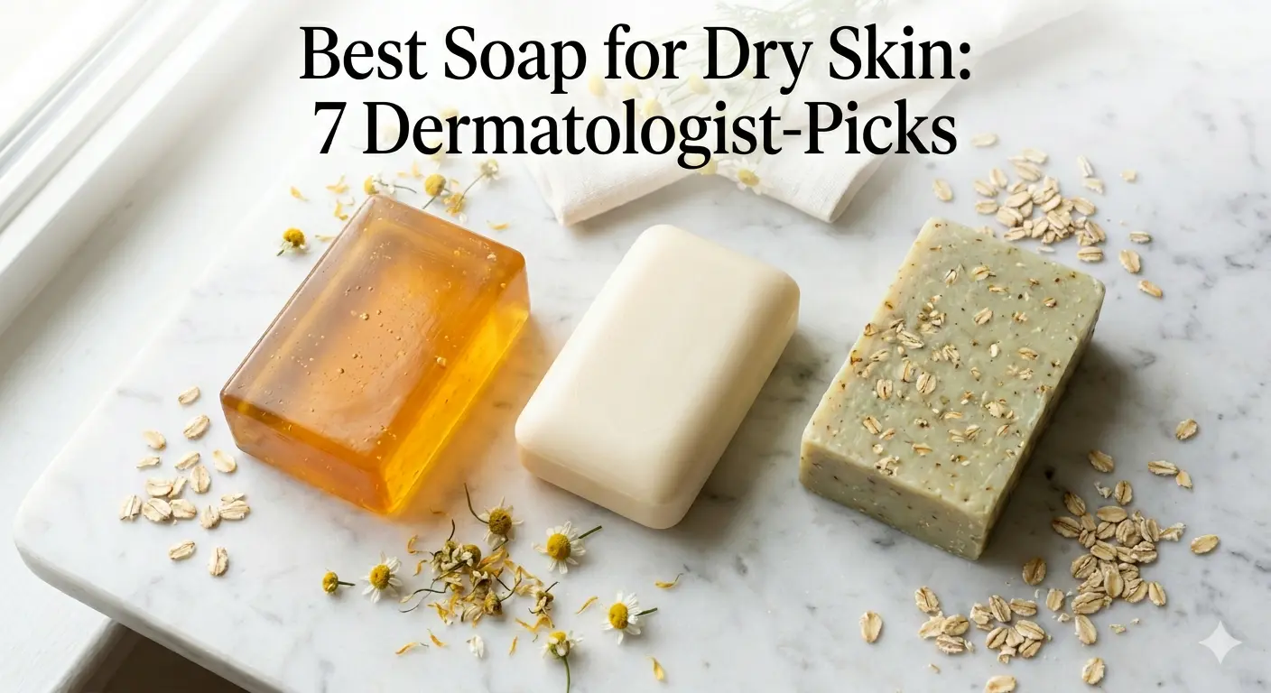 Best soap for dry skin — glycerin bar, syndet bar and oatmeal moisturizing soap on marble shelf