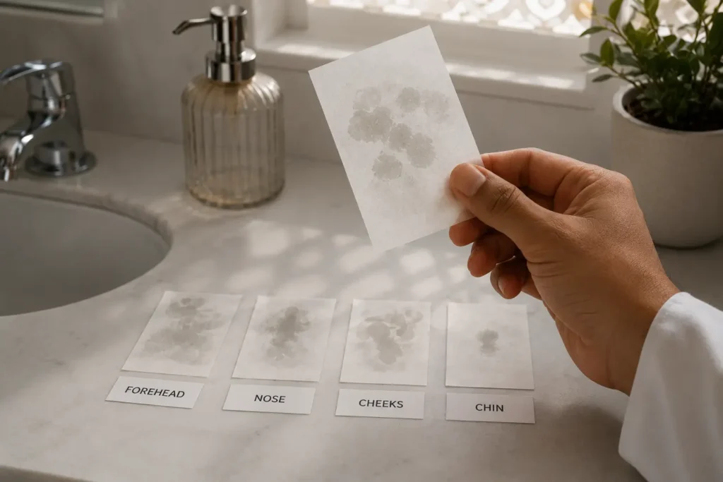 Person pressing a blotting paper sheet against their forehead to test skin type using the blotting method recommended by dermatologists