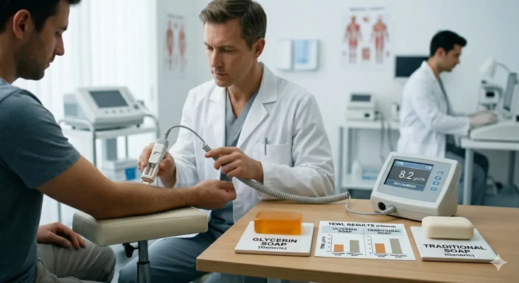 Dermatologist measuring transepidermal water loss TEWL on patient forearm comparing glycerin soap and regular alkaline soap in clinical trial