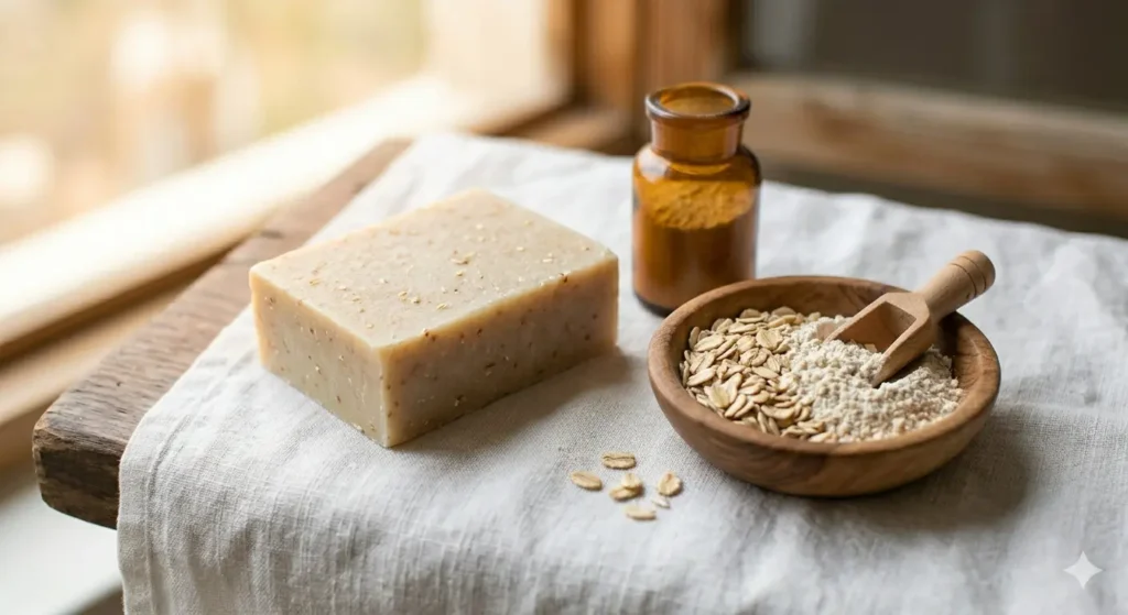 Oatmeal herbal soap bar with rolled oats and colloidal oat powder showing skin barrier repair and eczema relief benefits