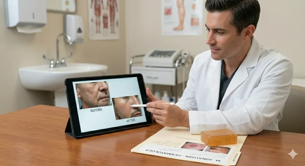 Dermatologist reviewing before and after skin improvement photos after patient switched from regular soap to glycerin soap
