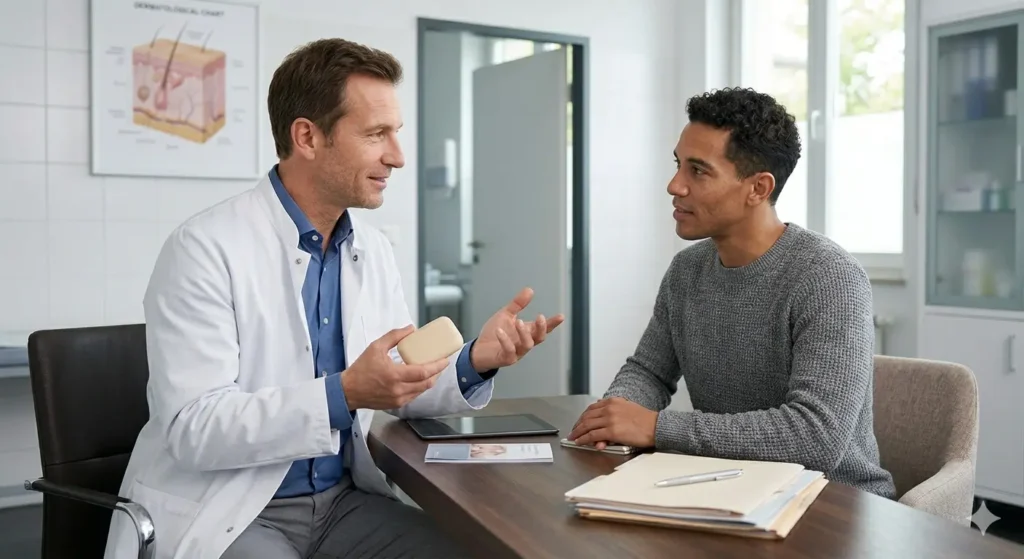 Dermatologist in a clinical consultation showing a patient a pH-balanced syndet bar with skin care advice